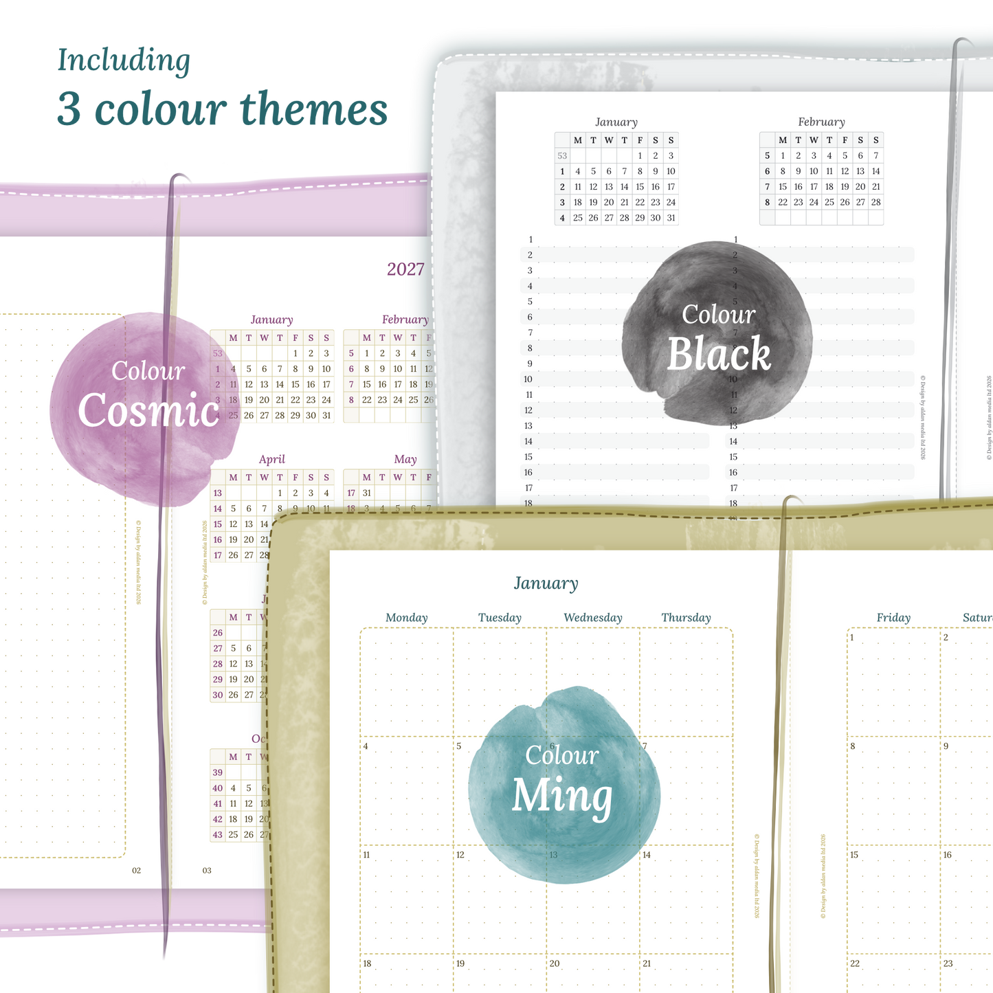 Three colour variants of the calendar designs of the PDF printable inserts with colour themes 'Cosmic', 'Black', and 'Ming' displayed to show how the different modules of this Bundle look like.
