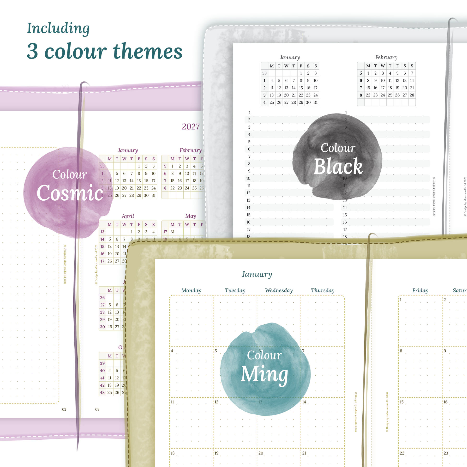 Three colour variants of the calendar designs of the PDF printable inserts with colour themes 'Cosmic', 'Black', and 'Ming' displayed to show how the different modules of this Bundle look like.