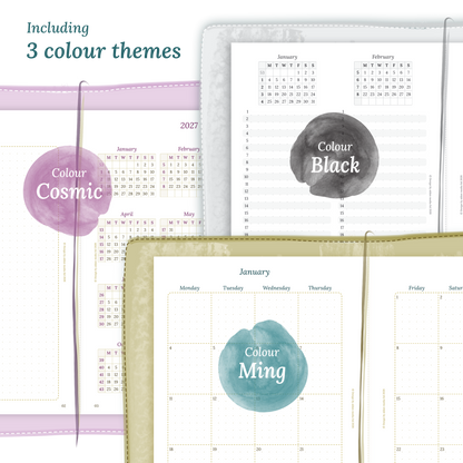 Three colour variants of the calendar designs of the PDF printable inserts with colour themes 'Cosmic', 'Black', and 'Ming' displayed to show how the different modules of this Bundle look like.