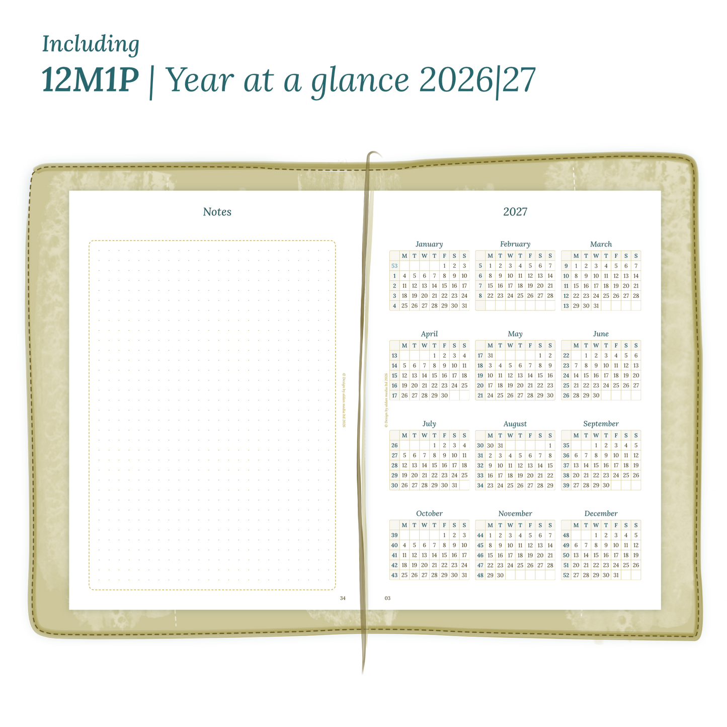 Open planner showing details of the PDF printable inserts module 12M1P 12 months on 1 page for 2026 & 2027 inside this Bundle.