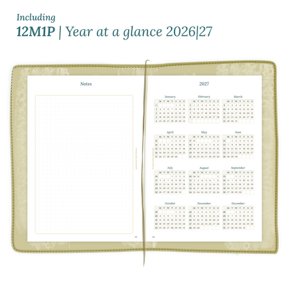 Open planner showing details of the PDF printable inserts module 12M1P 12 months on 1 page for 2026 & 2027 inside this Bundle.