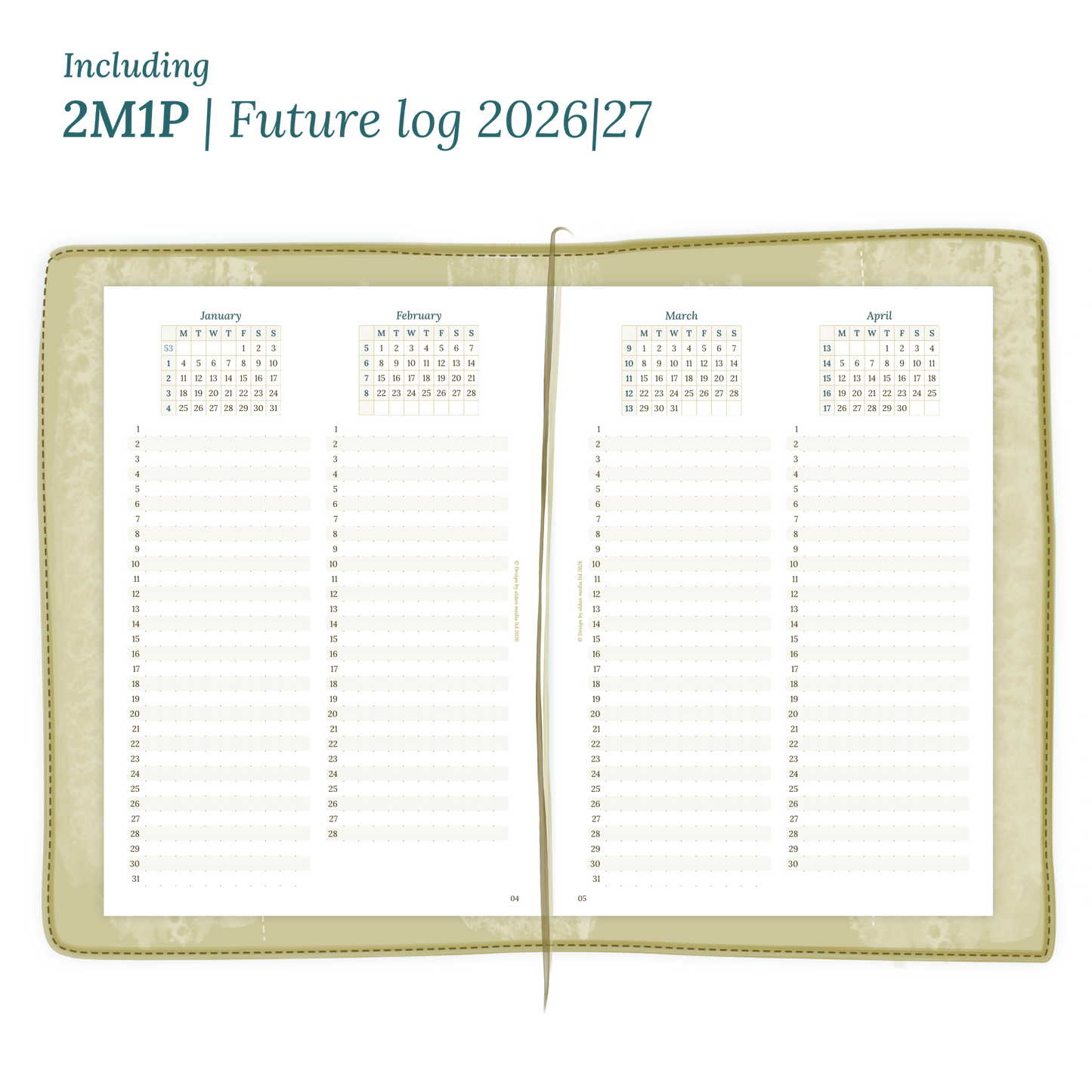 Open planner showing details of the PDF printable inserts module 2M1P future log 2 months on 1 page for 2026 & 2027 inside this Bundle.