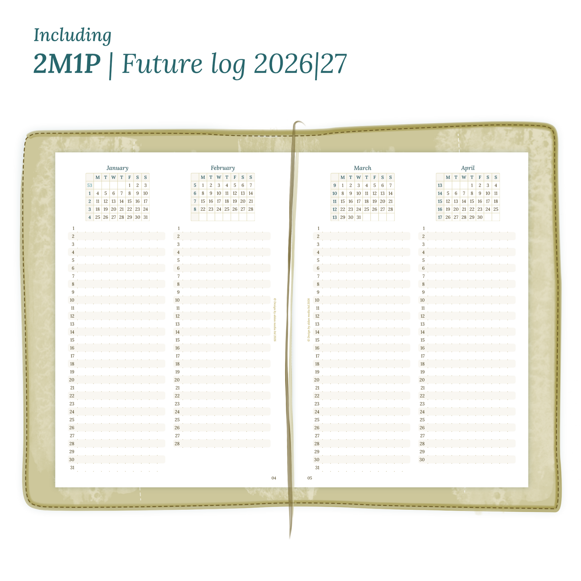 Open planner showing details of the PDF printable inserts module 2M1P future log 2 months on 1 page for 2026 & 2027 inside this Bundle.