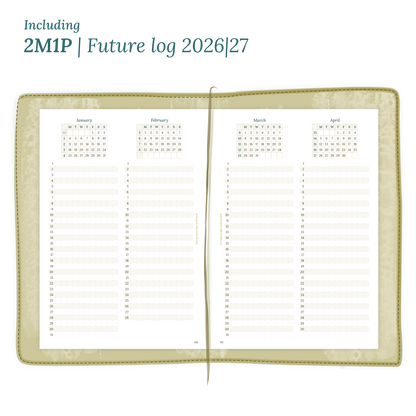 Open planner showing details of the PDF printable inserts module 2M1P future log 2 months on 1 page for 2026 & 2027 inside this Bundle.