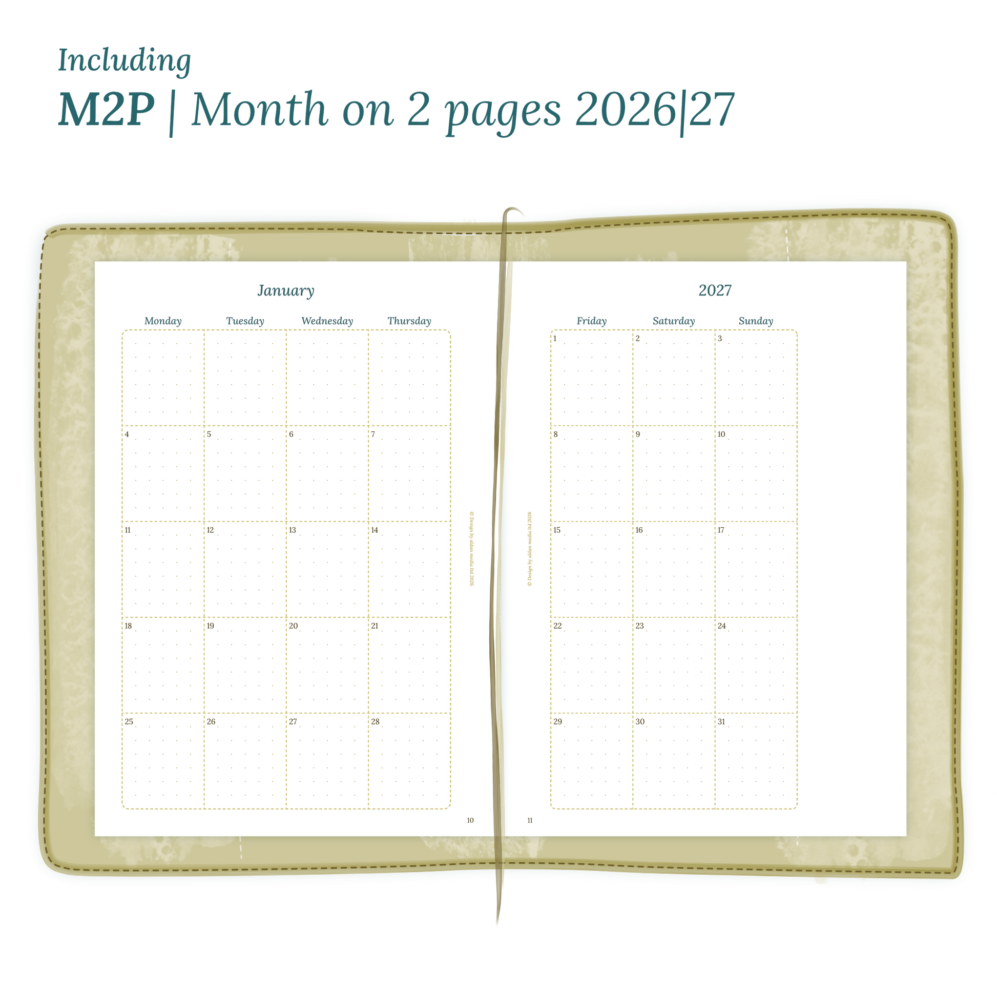 Open planner showing details of the PDF printable inserts module M2P month on 2 pages for 2026 and 2027 inside this Bundle.