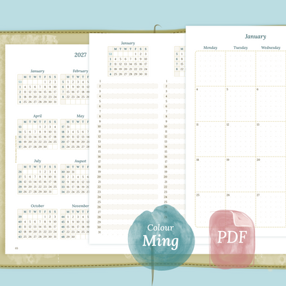 Examples featuring the different PDF printable planner inserts modules of this Bundle for 2026 and 2027 in the colour Ming/Blue.