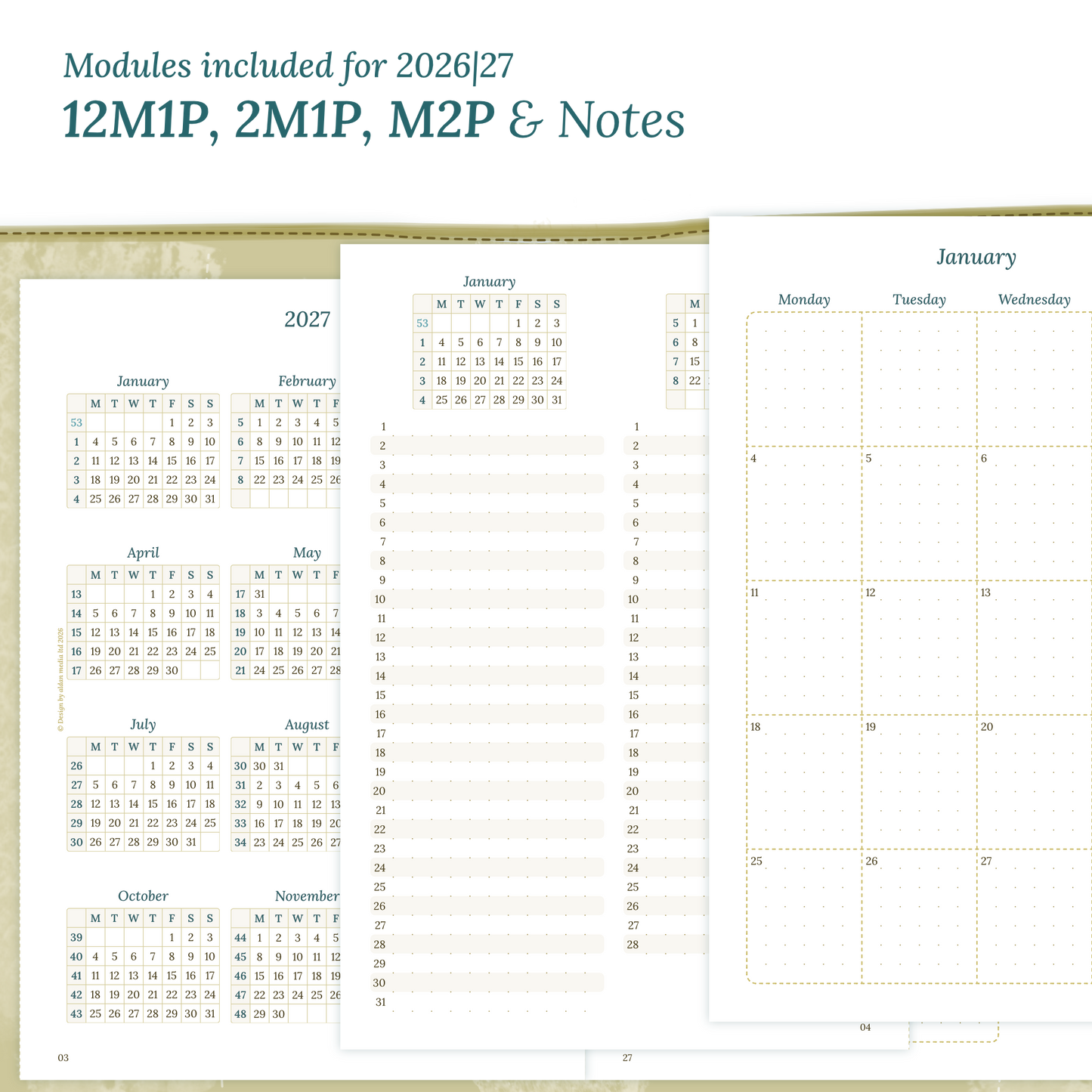 Calendar PDF printable inserts modules of this Bundle for the years 2026 and 2027 with various formats featuring 12M1P 12 month on 1 page, 2M1P future log 2 months on 1 page, M2P month on 2 pages and a Notes.