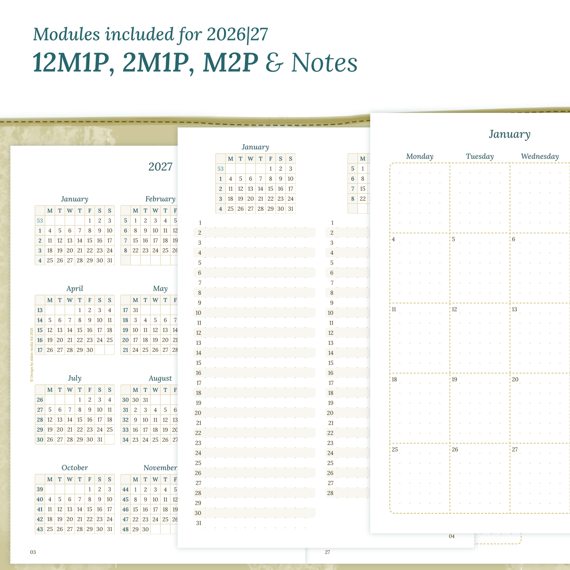 Calendar PDF printable inserts modules of this Bundle for the years 2026 and 2027 with various formats featuring 12M1P 12 month on 1 page, 2M1P future log 2 months on 1 page, M2P month on 2 pages and a Notes.