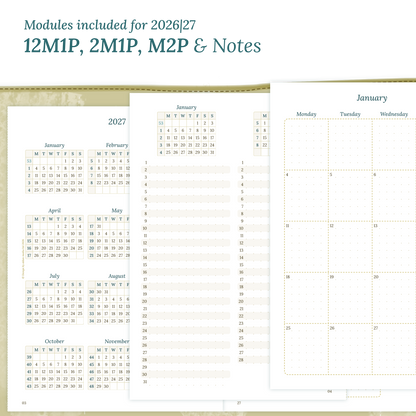 Calendar PDF printable inserts modules of this Bundle for the years 2026 and 2027 with various formats featuring 12M1P 12 month on 1 page, 2M1P future log 2 months on 1 page, M2P month on 2 pages and a Notes.