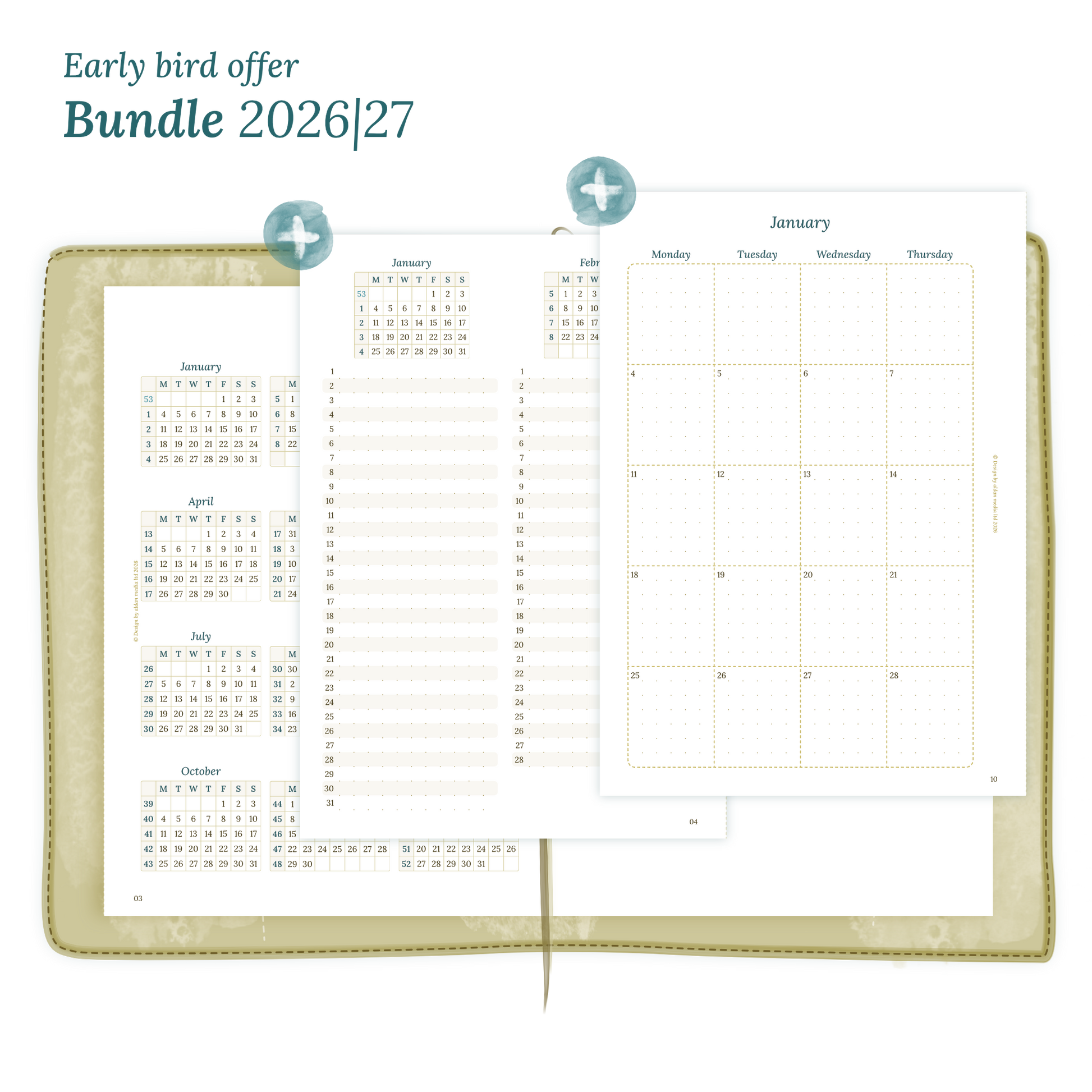 Printable PDF calendar planner Bundle for 2026 and 2027 for A5 size Traveler's Notebook planner
