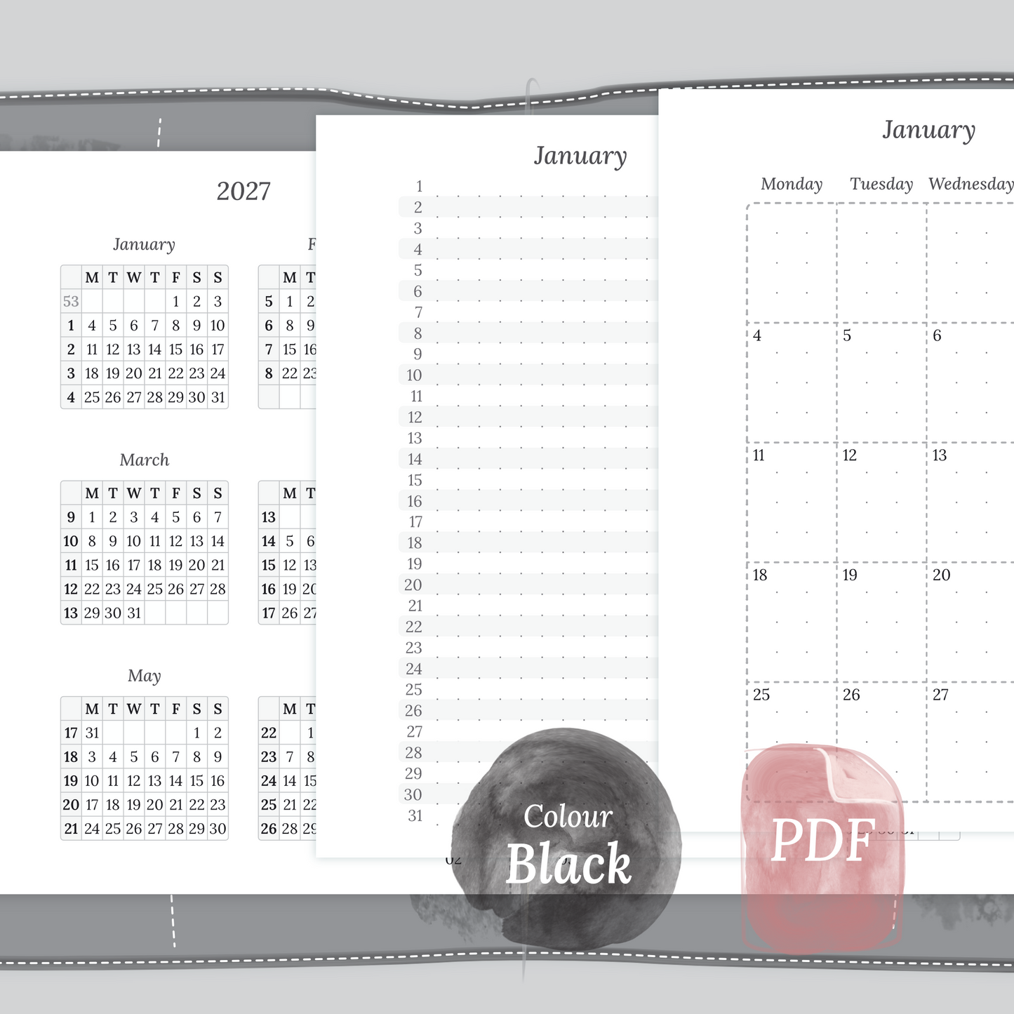Examples featuring the different PDF printable planner inserts modules of this Bundle for 2026 and 2027 in the colour Black & White featuring 12M2P 12 month on 2 pages, M1P future log month on 1 page and M2P month on 2 pages.