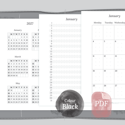 Examples featuring the different PDF printable planner inserts modules of this Bundle for 2026 and 2027 in the colour Black & White featuring 12M2P 12 month on 2 pages, M1P future log month on 1 page and M2P month on 2 pages.