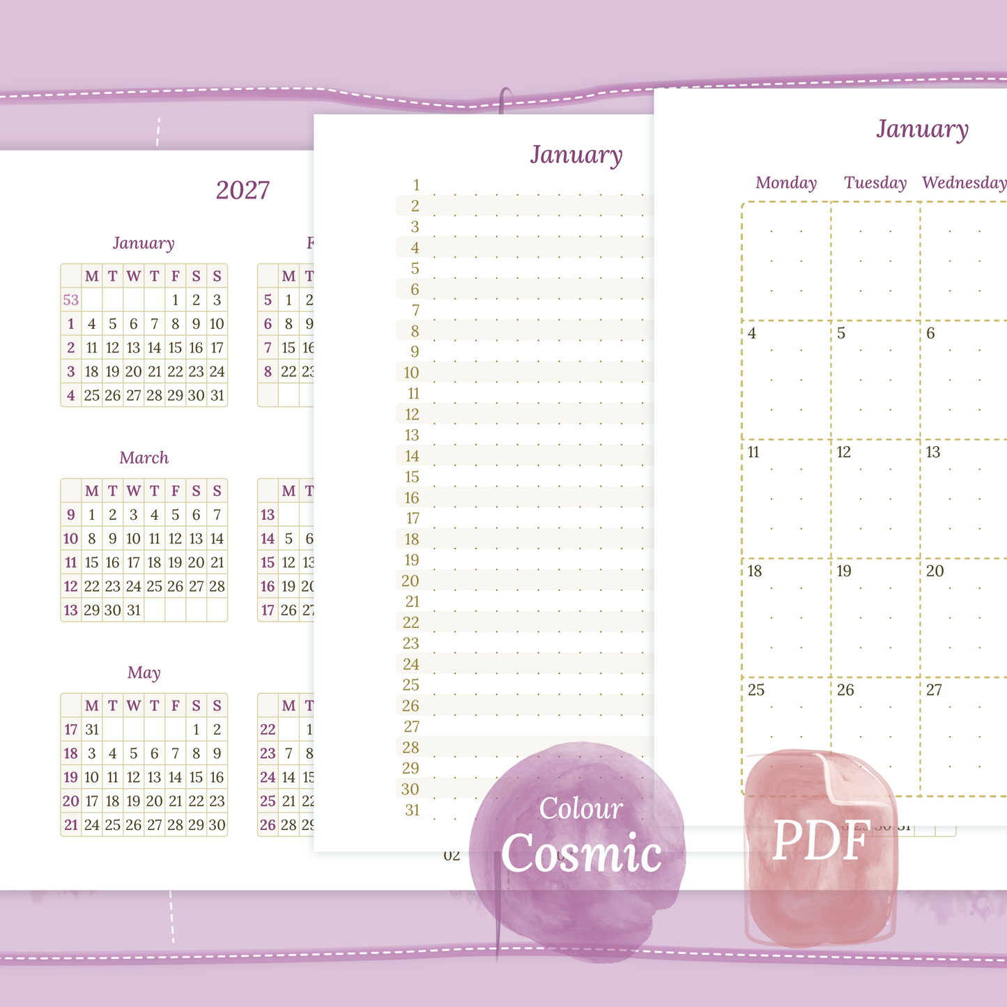 Examples featuring the different PDF printable planner inserts modules of this Bundle for 2026 and 2027 in the colour Cosmic/Raspberry featuring 12M2P 12 month on 2 pages, M1P future log month on 1 page and M2P month on 2 pages.