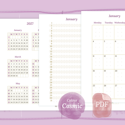 Examples featuring the different PDF printable planner inserts modules of this Bundle for 2026 and 2027 in the colour Cosmic/Raspberry featuring 12M2P 12 month on 2 pages, M1P future log month on 1 page and M2P month on 2 pages.