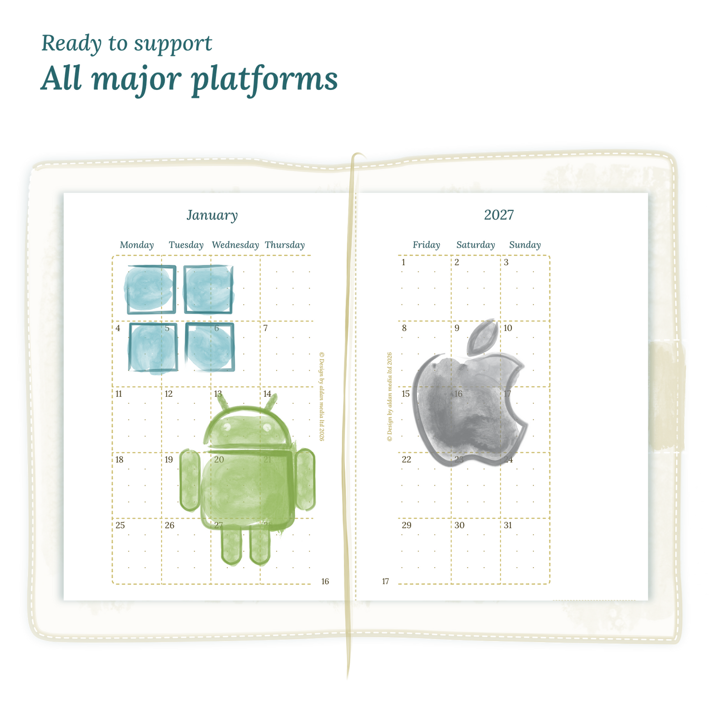 Open planner calendar insert with Windows, Android and Apple logos on a white background to show what operating systems are supported by our PDF printables for Passport for Traveler's Notebook planner.