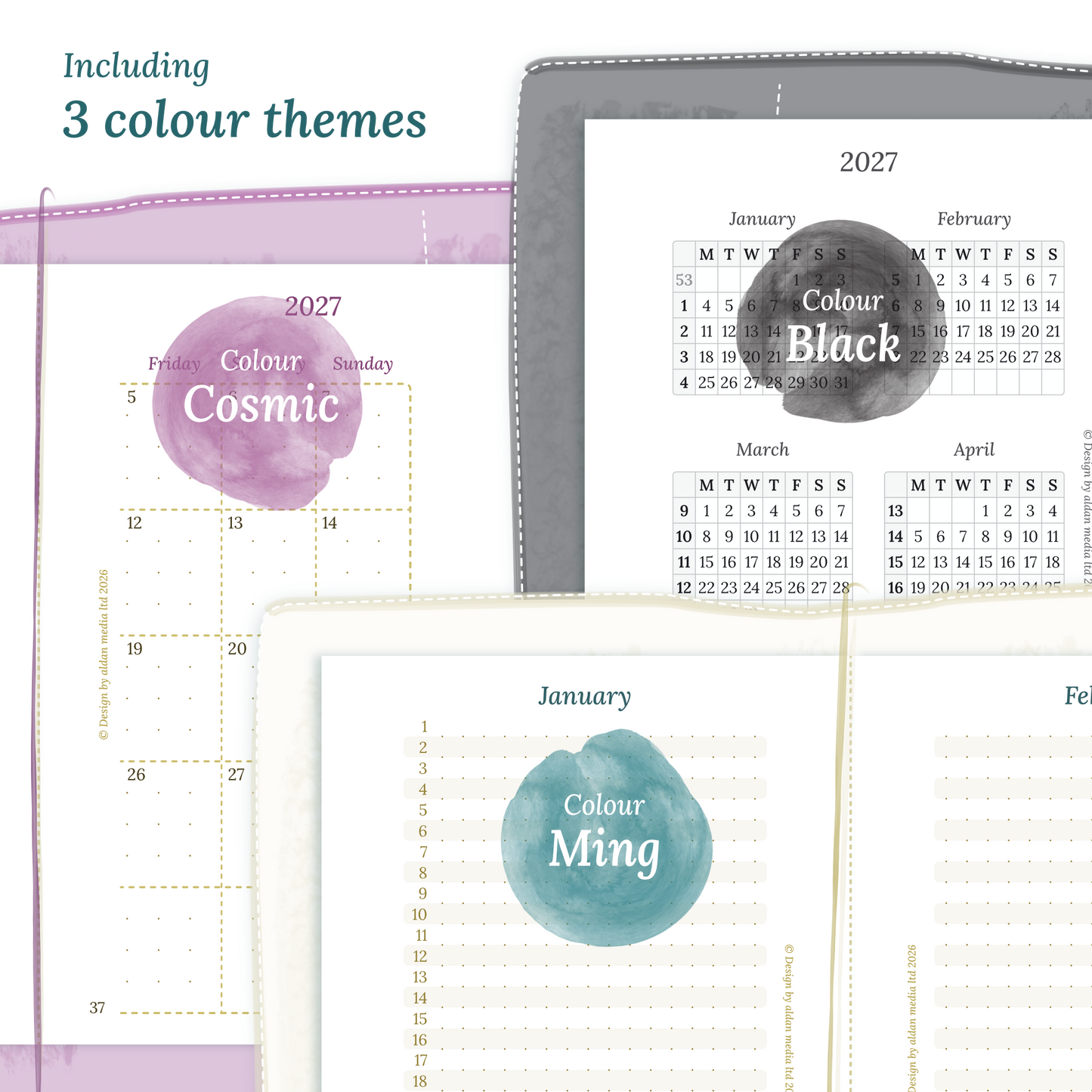 Three colour variants of the calendar designs of the PDF printable inserts with colour themes 'Cosmic', 'Black', and 'Ming' displayed to show how the different modules of this Bundle look like for Passport size Traveler's Notebook planner.