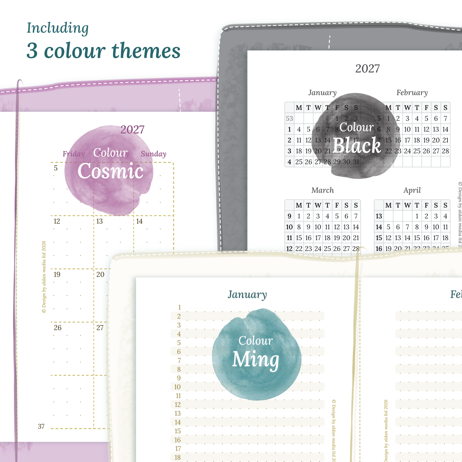 Three colour variants of the calendar designs of the PDF printable inserts with colour themes 'Cosmic', 'Black', and 'Ming' displayed to show how the different modules of this Bundle look like for Passport size Traveler's Notebook planner.