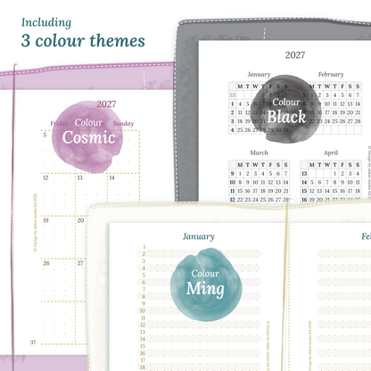 Three colour variants of the calendar designs of the PDF printable inserts with colour themes 'Cosmic', 'Black', and 'Ming' displayed to show how the different modules of this Bundle look like for Passport size Traveler's Notebook planner.