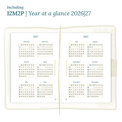 Open planner showing details of the PDF printable inserts module 12M1P 12 months on 1 page for 2026 & 2027 inside this Bundle for Passport size Traveler's Notebook planner.