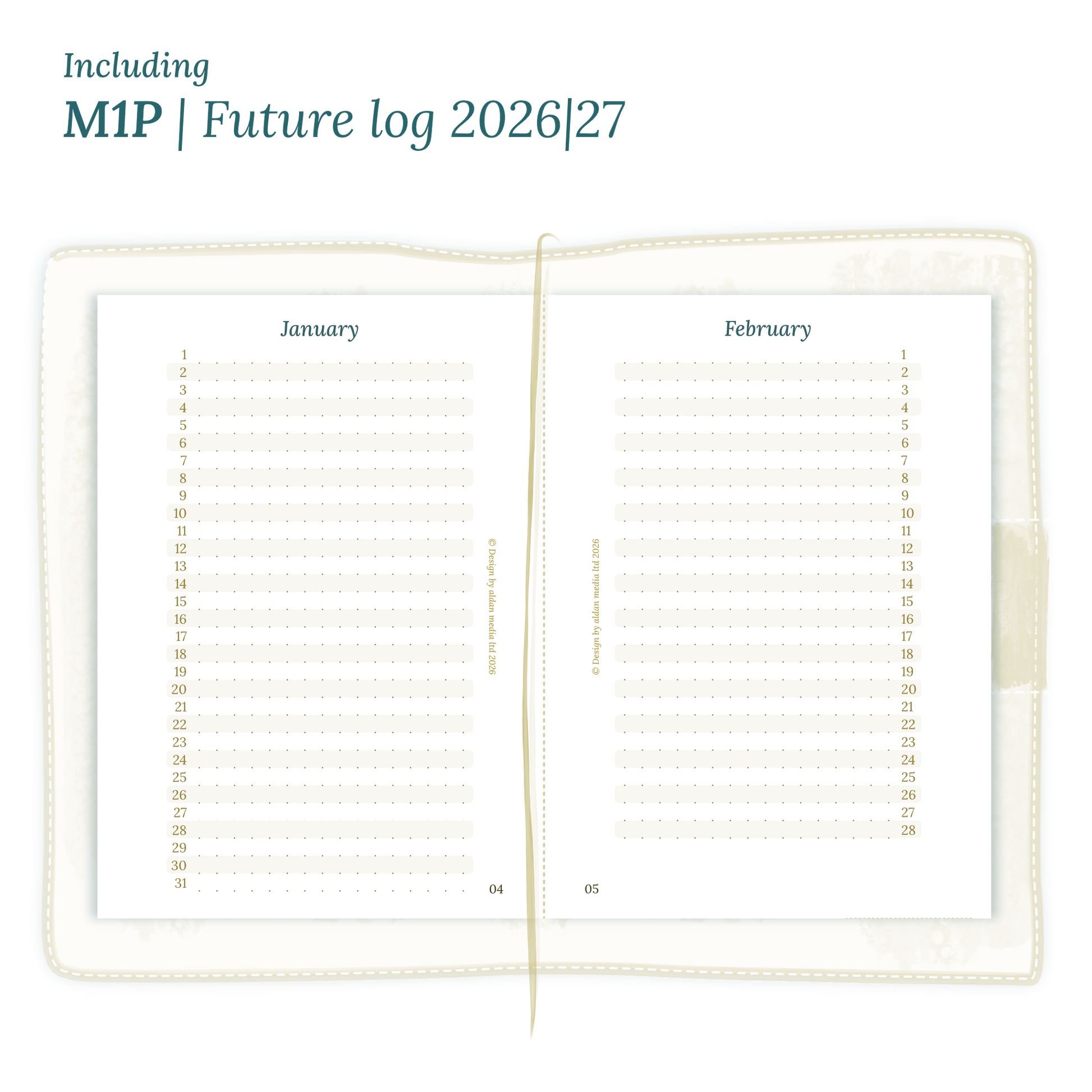 Open planner showing details of the PDF printable inserts module M1P future log months on 1 page for 2026 & 2027 inside this Bundle for Passport size Traveler's Notebook planner.