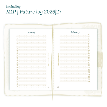 Open planner showing details of the PDF printable inserts module M1P future log months on 1 page for 2026 & 2027 inside this Bundle for Passport size Traveler's Notebook planner.