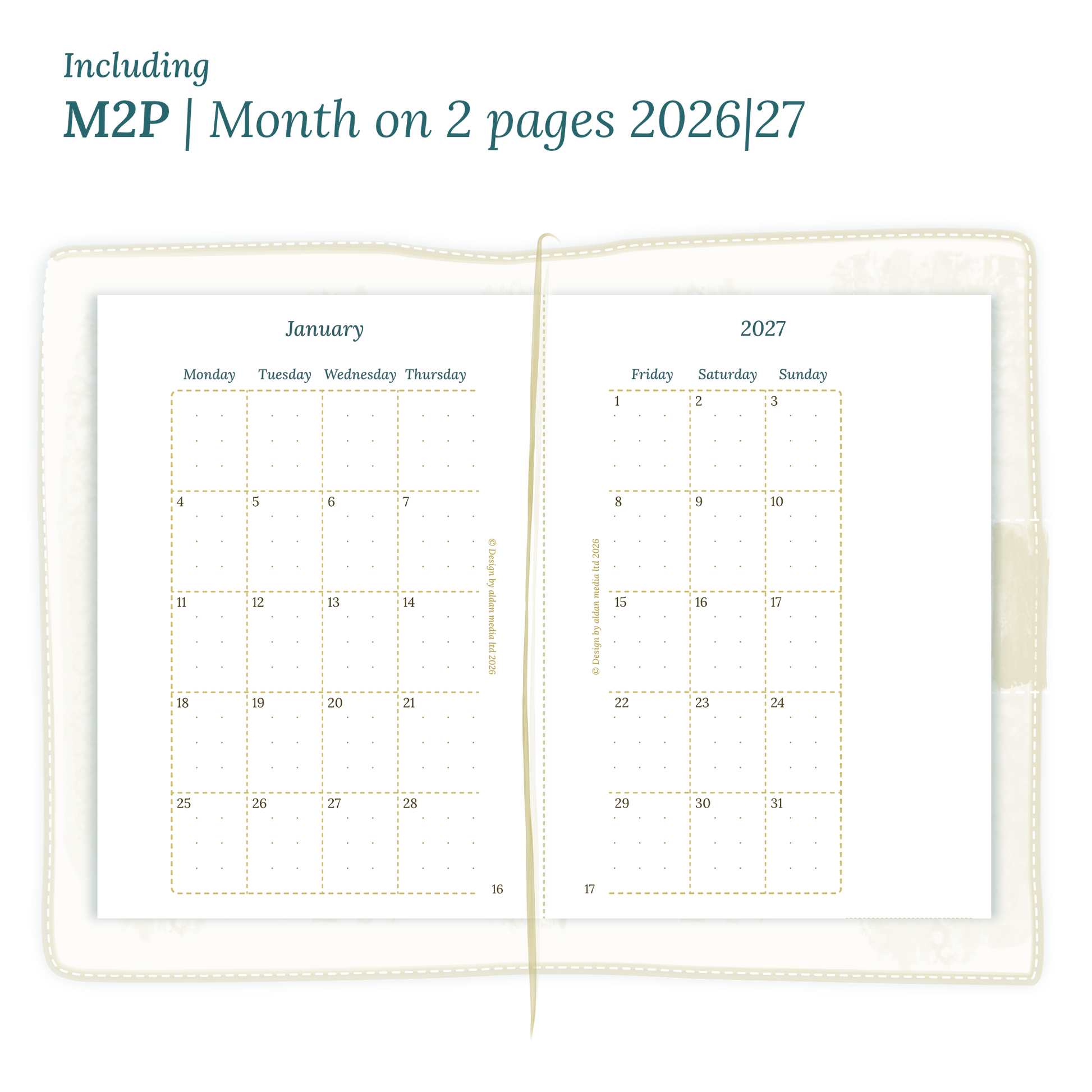 Open planner showing details of the PDF printable inserts module M2P month on 2 pages for 2026 and 2027 inside this Bundle for Passport size Traveler's Notebook planner.