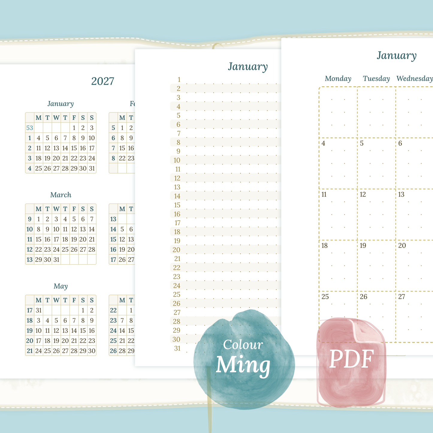 Examples featuring the different PDF printable planner inserts modules of this Bundle for 2026 and 2027 in the colour Ming/Blue featuring 12M2P 12 month on 2 pages, M1P future log month on 1 page and M2P month on 2 pages.
