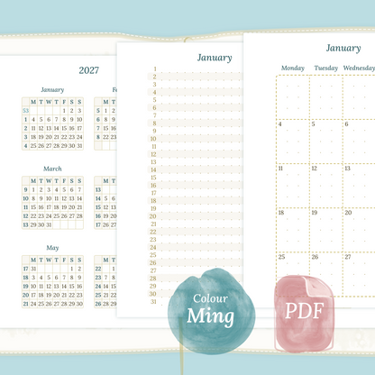 Examples featuring the different PDF printable planner inserts modules of this Bundle for 2026 and 2027 in the colour Ming/Blue featuring 12M2P 12 month on 2 pages, M1P future log month on 1 page and M2P month on 2 pages.