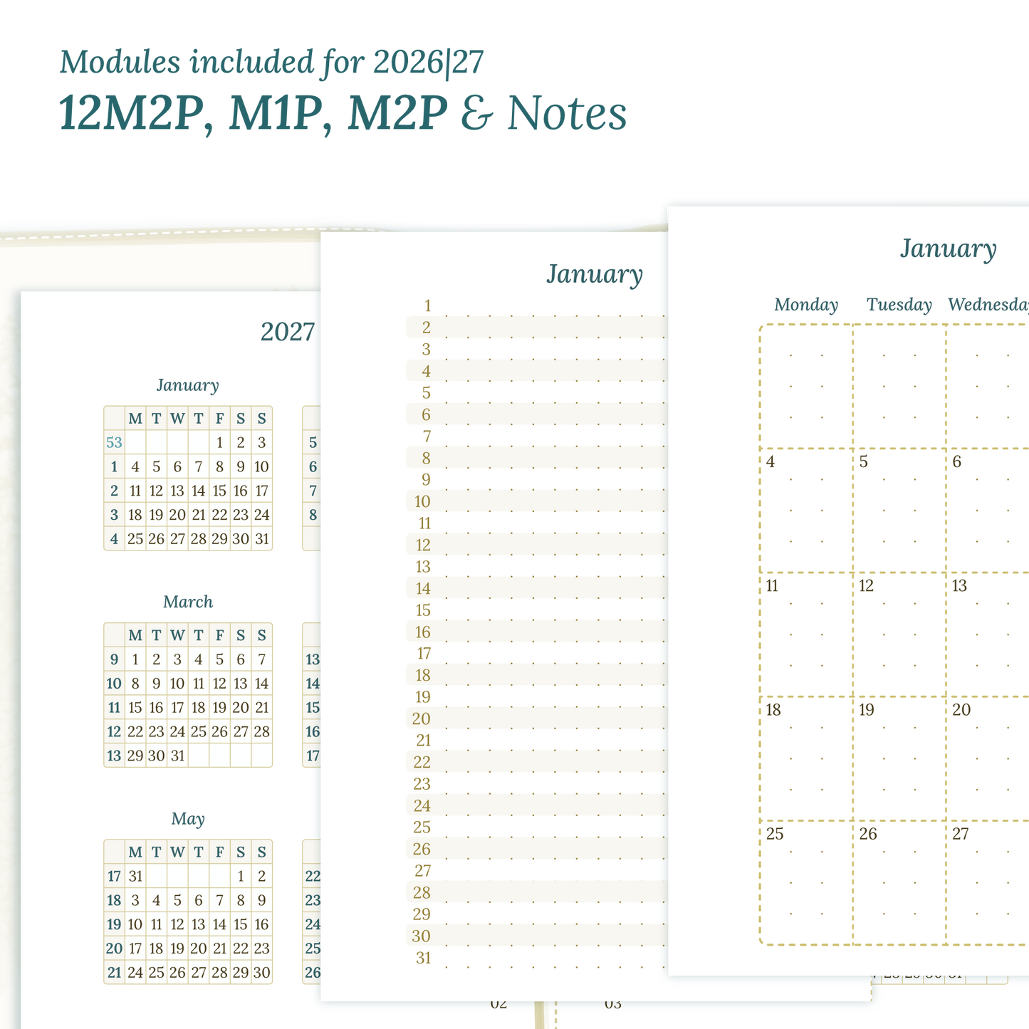 Calendar PDF printable inserts modules of this Bundle for the years 2026 and 2027 with various formats featuring 12M2P 12 month on 2 pages, M1P future log month on 1 page, M2P month on 2 pages and a Notes module