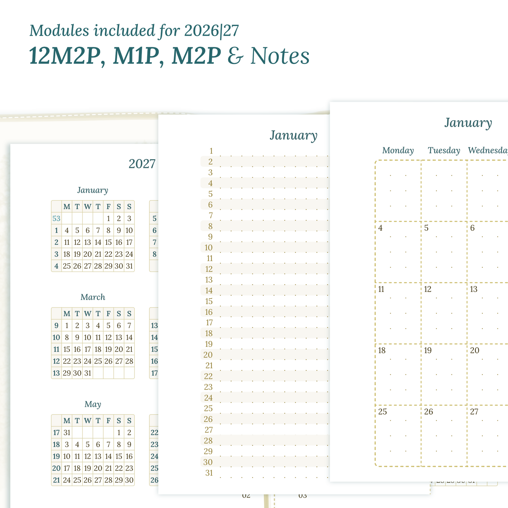 Calendar PDF printable inserts modules of this Bundle for the years 2026 and 2027 with various formats featuring 12M2P 12 month on 2 pages, M1P future log month on 1 page, M2P month on 2 pages and a Notes module