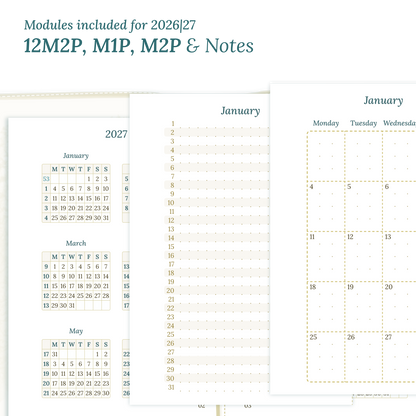 Calendar PDF printable inserts modules of this Bundle for the years 2026 and 2027 with various formats featuring 12M2P 12 month on 2 pages, M1P future log month on 1 page, M2P month on 2 pages and a Notes module