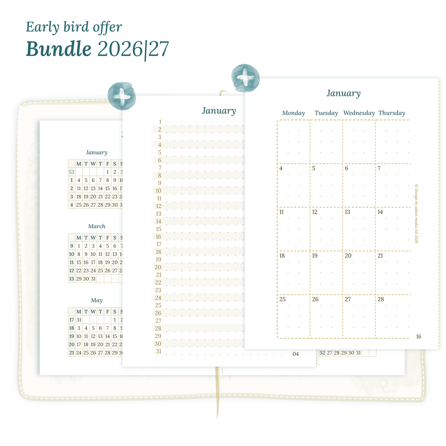 Printable PDF calendar planner Bundle for 2026 and 2027 for Passport size Traveler's Notebook planner featuring 12M2P 12 month on 2 pages, M1P future log month on 1 page, M2P month on 2 pages and a Notes module.