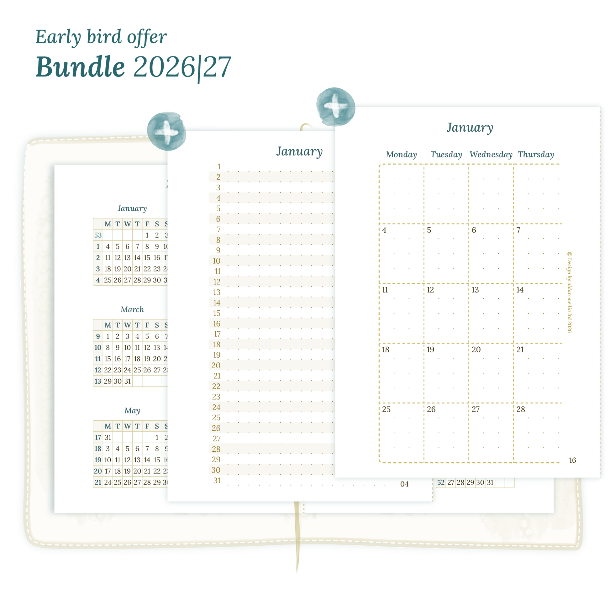 Printable PDF calendar planner Bundle for 2026 and 2027 for Passport size Traveler's Notebook planner featuring 12M2P 12 month on 2 pages, M1P future log month on 1 page, M2P month on 2 pages and a Notes module.