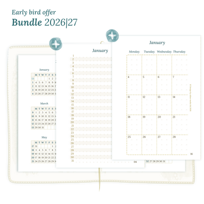 Printable PDF calendar planner Bundle for 2026 and 2027 for Passport size Traveler's Notebook planner featuring 12M2P 12 month on 2 pages, M1P future log month on 1 page, M2P month on 2 pages and a Notes module.