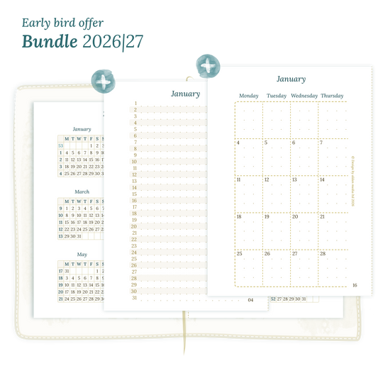 Printable PDF calendar planner Bundle for 2026 and 2027 for Passport size Traveler's Notebook planner featuring 12M2P 12 month on 2 pages, M1P future log month on 1 page, M2P month on 2 pages and a Notes module.