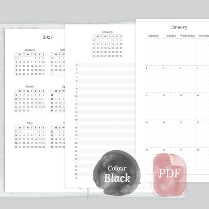 Examples featuring the different PDF printable planner inserts modules of this Bundle for 2026 and 2027 in the colour Black & White featuring 12M2P 12 month on 2 pages, M1P future log month on 1 page and M2P month on 2 pages.