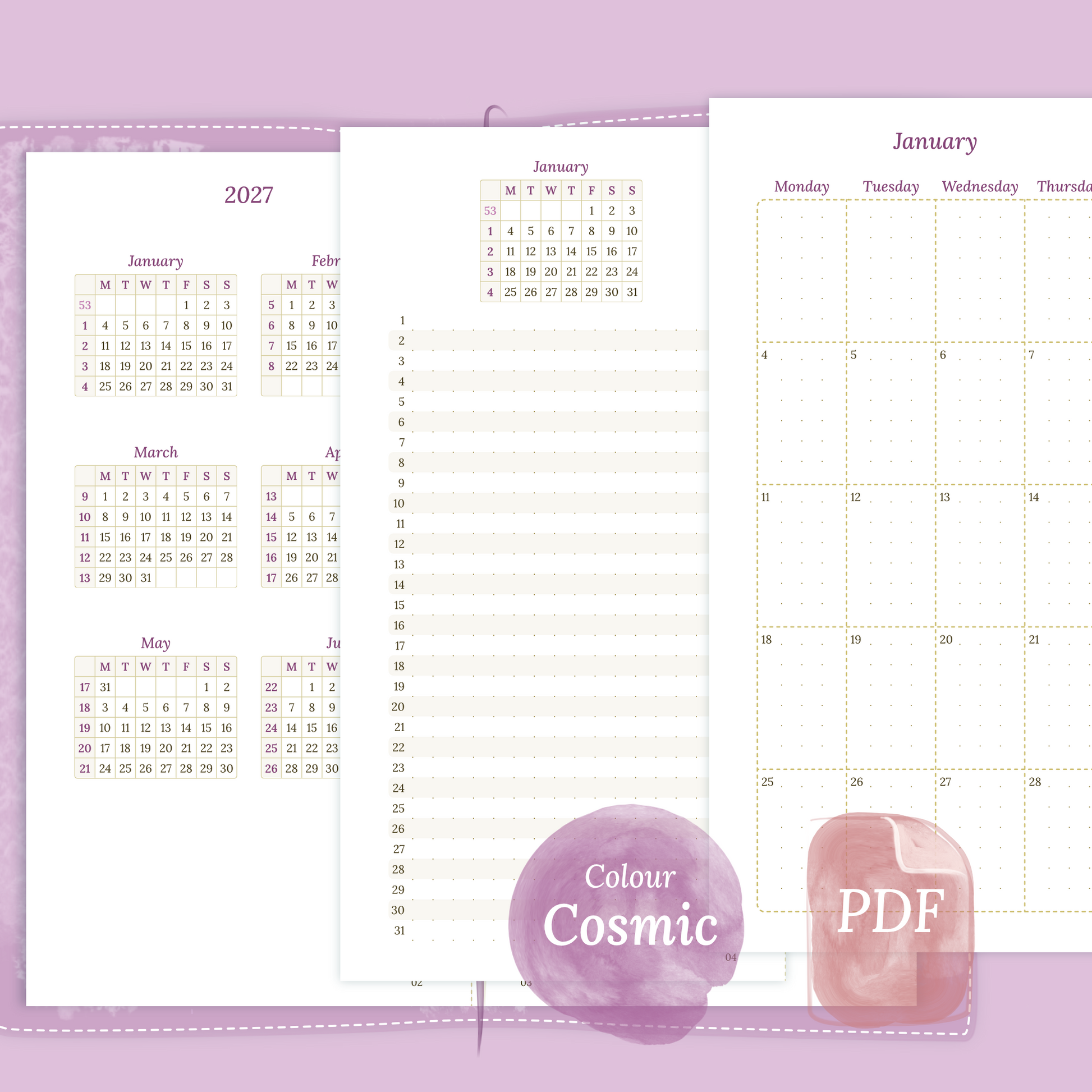 Examples featuring the different PDF printable planner inserts modules of this Bundle for 2026 and 2027 in the colour Cosmic/Raspberry featuring 12M2P 12 month on 2 pages, M1P future log month on 1 page and M2P month on 2 pages.