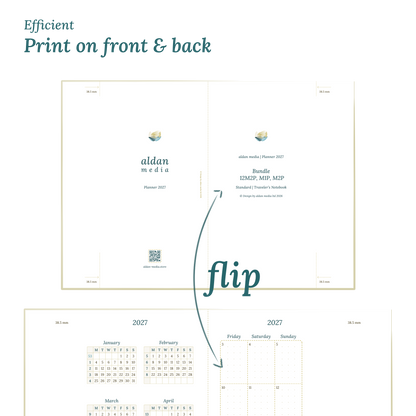 Printable PDF calendar design with a title and text indicating efficient printing on front and back of the A4 page for Standard for Traveler's Notebook planner.