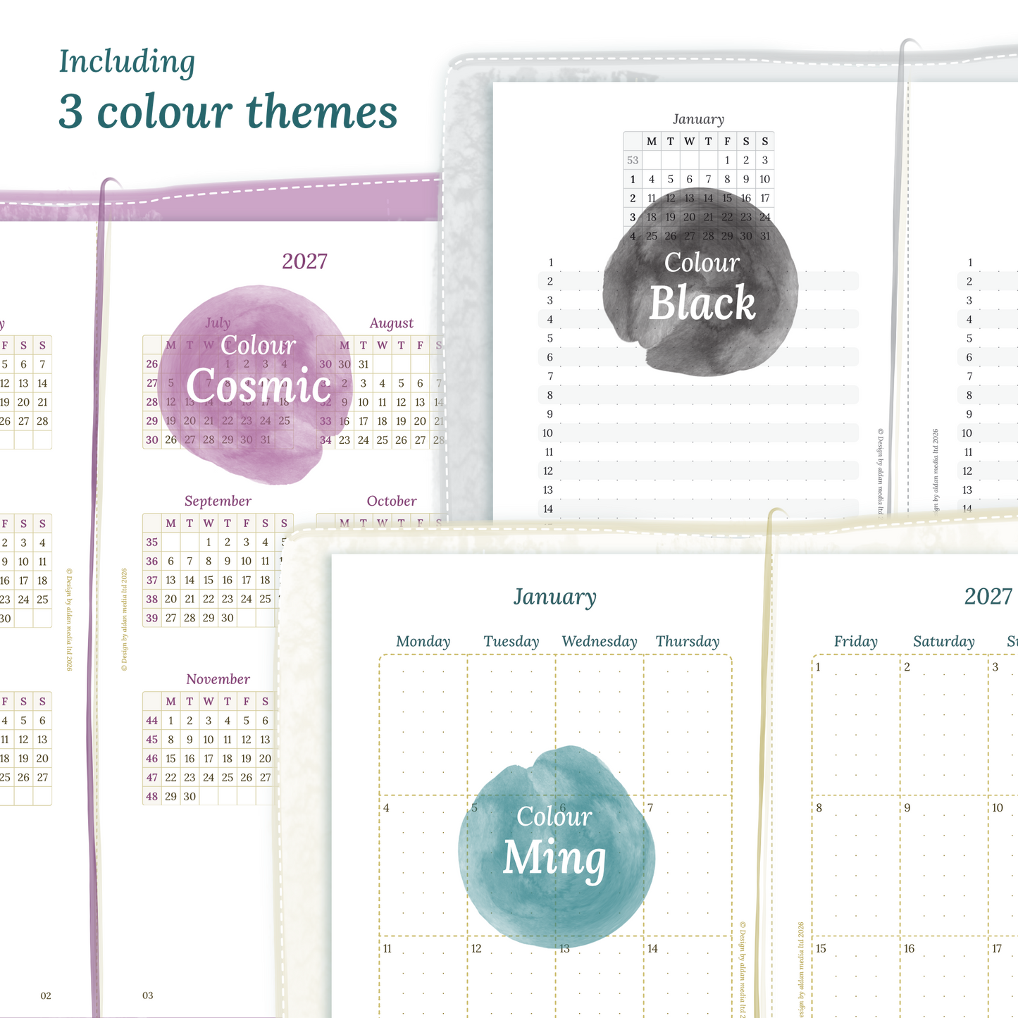 Three colour variants of the calendar designs of the PDF printable inserts with colour themes 'Cosmic', 'Black', and 'Ming' displayed to show how the different modules of this Bundle look like for Standard size Traveler's Notebook planner.
