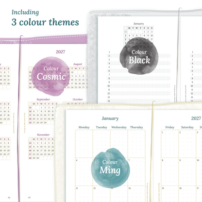 Three colour variants of the calendar designs of the PDF printable inserts with colour themes 'Cosmic', 'Black', and 'Ming' displayed to show how the different modules of this Bundle look like for Standard size Traveler's Notebook planner.