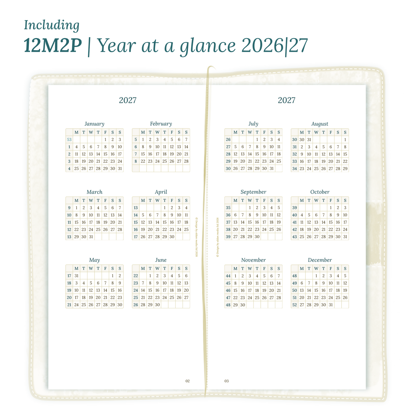 Open planner showing details of the PDF printable inserts module 12M1P 12 months on 1 page for 2026 & 2027 inside this Bundle for Standard size Traveler's Notebook planner.