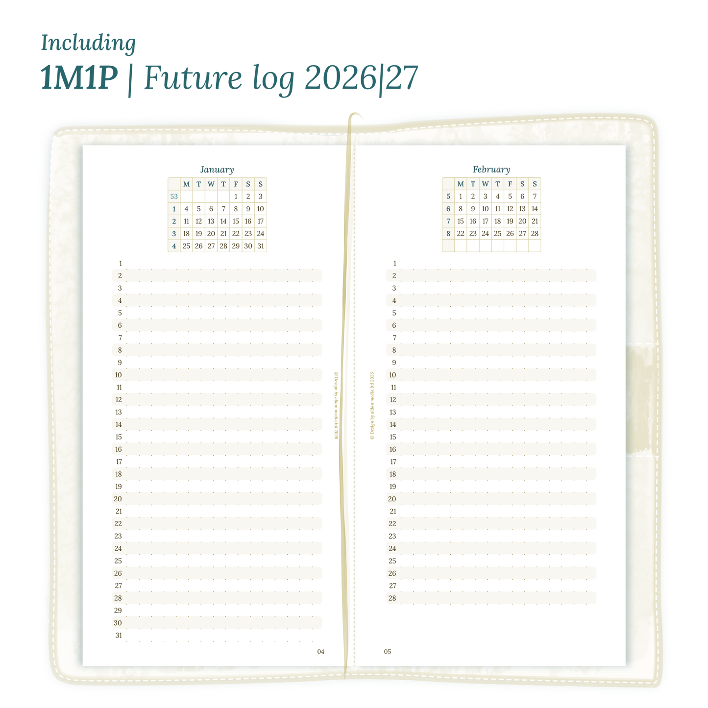 Open planner showing details of the PDF printable inserts module M1P future log months on 1 page for 2026 & 2027 inside this Bundle for Standard size Traveler's Notebook planner.