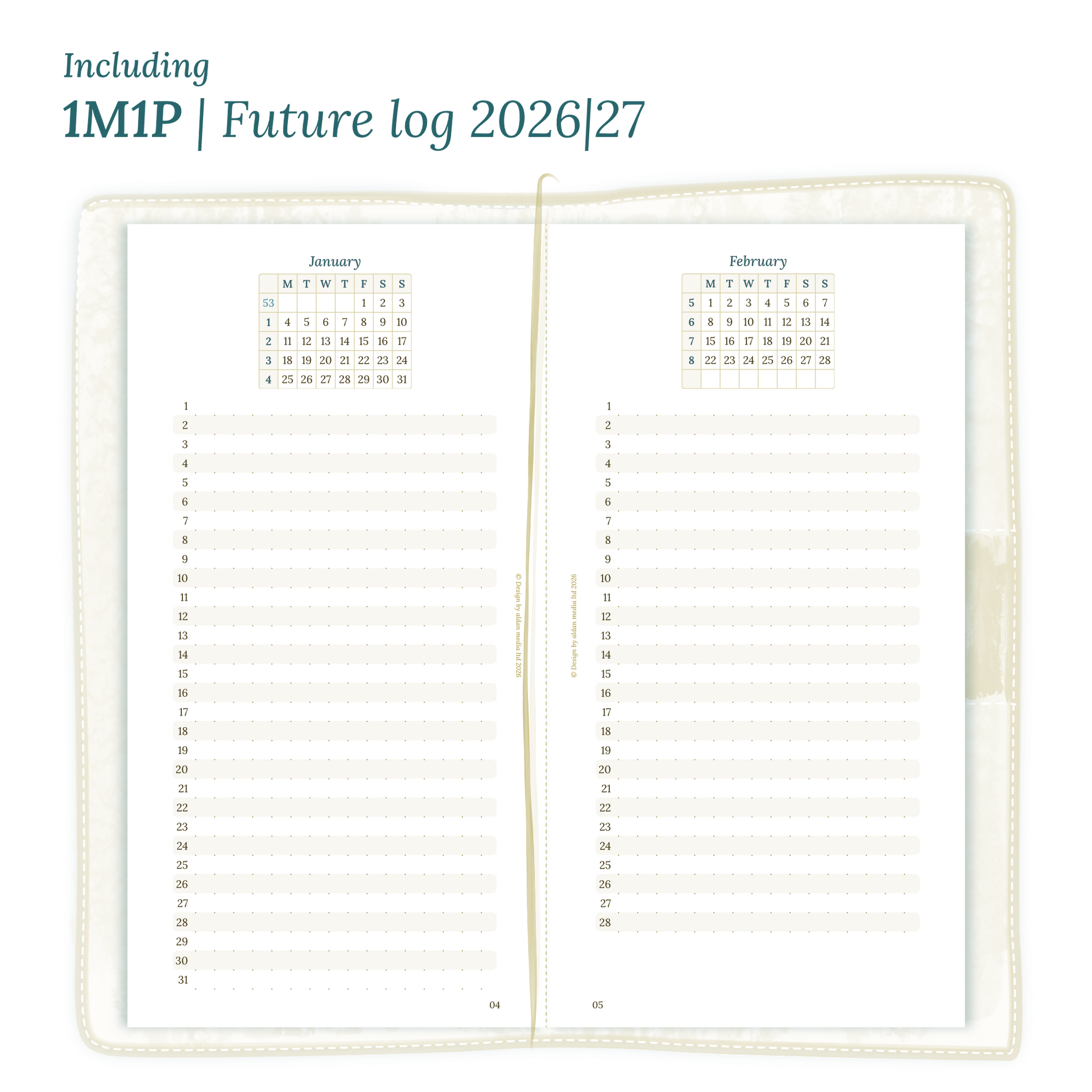 Open planner showing details of the PDF printable inserts module M1P future log months on 1 page for 2026 & 2027 inside this Bundle for Standard size Traveler's Notebook planner.