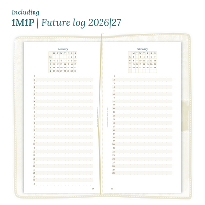 Open planner showing details of the PDF printable inserts module M1P future log months on 1 page for 2026 & 2027 inside this Bundle for Standard size Traveler's Notebook planner.