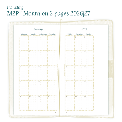 Open planner showing details of the PDF printable inserts module M2P month on 2 pages for 2026 and 2027 inside this Bundle for Standard size Traveler's Notebook planner.