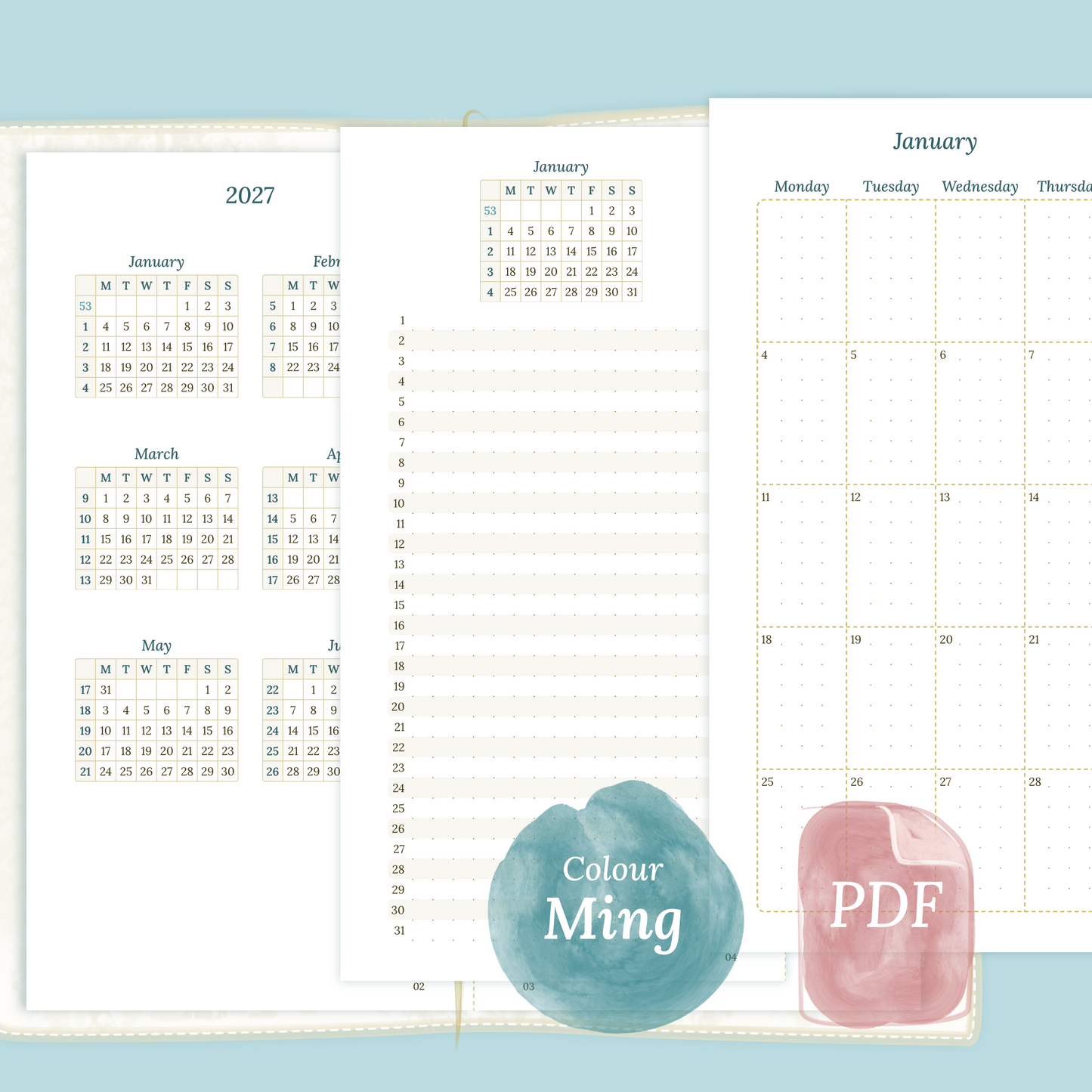 Examples featuring the different PDF printable planner inserts modules of this Bundle for 2026 and 2027 in the colour Ming/Blue featuring 12M2P 12 month on 2 pages, M1P future log month on 1 page and M2P month on 2 pages.