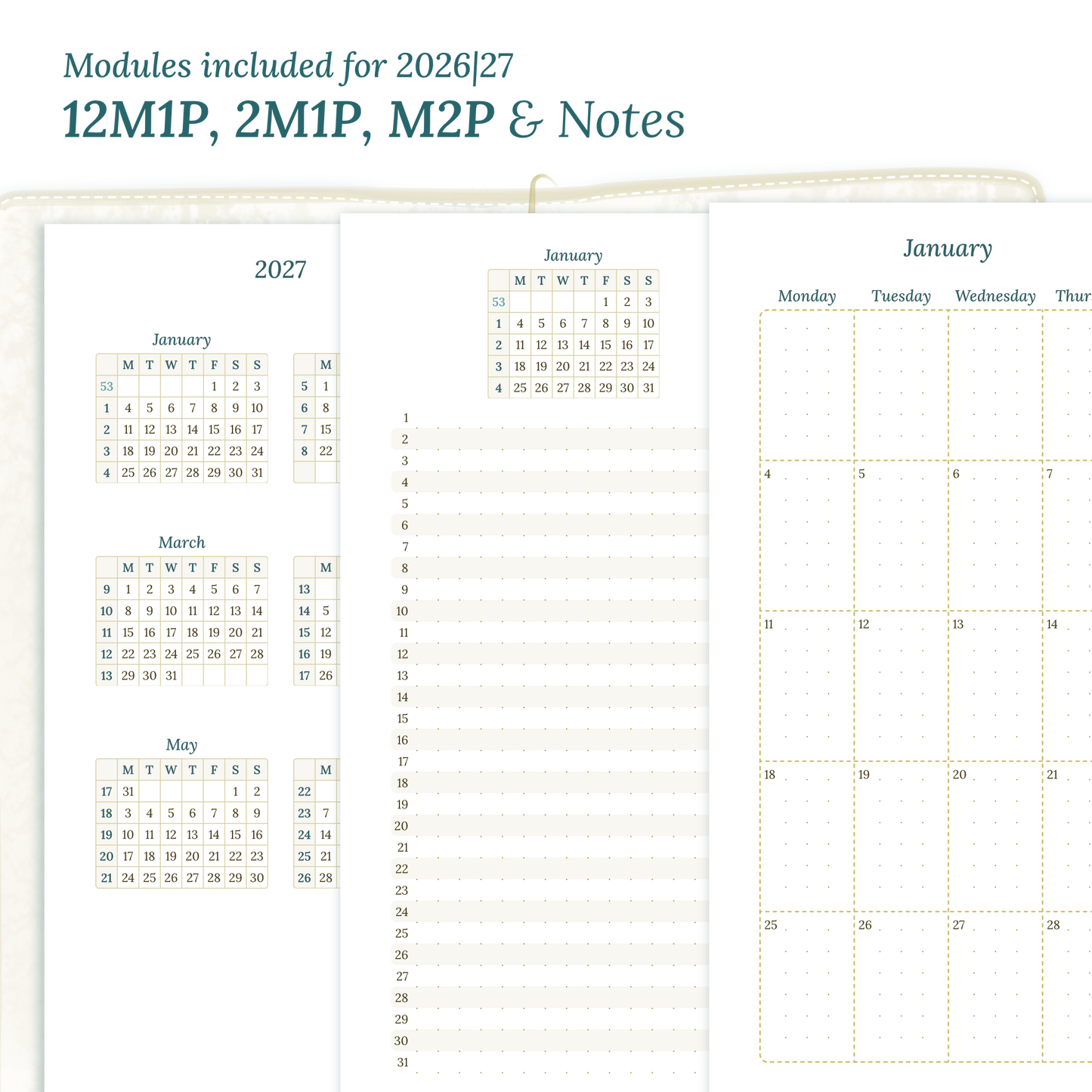 Calendar PDF printable inserts modules of this Bundle for the years 2026 and 2027 with various formats featuring 12M2P 12 month on 2 pages, M1P future log month on 1 page, M2P month on 2 pages and a Notes module