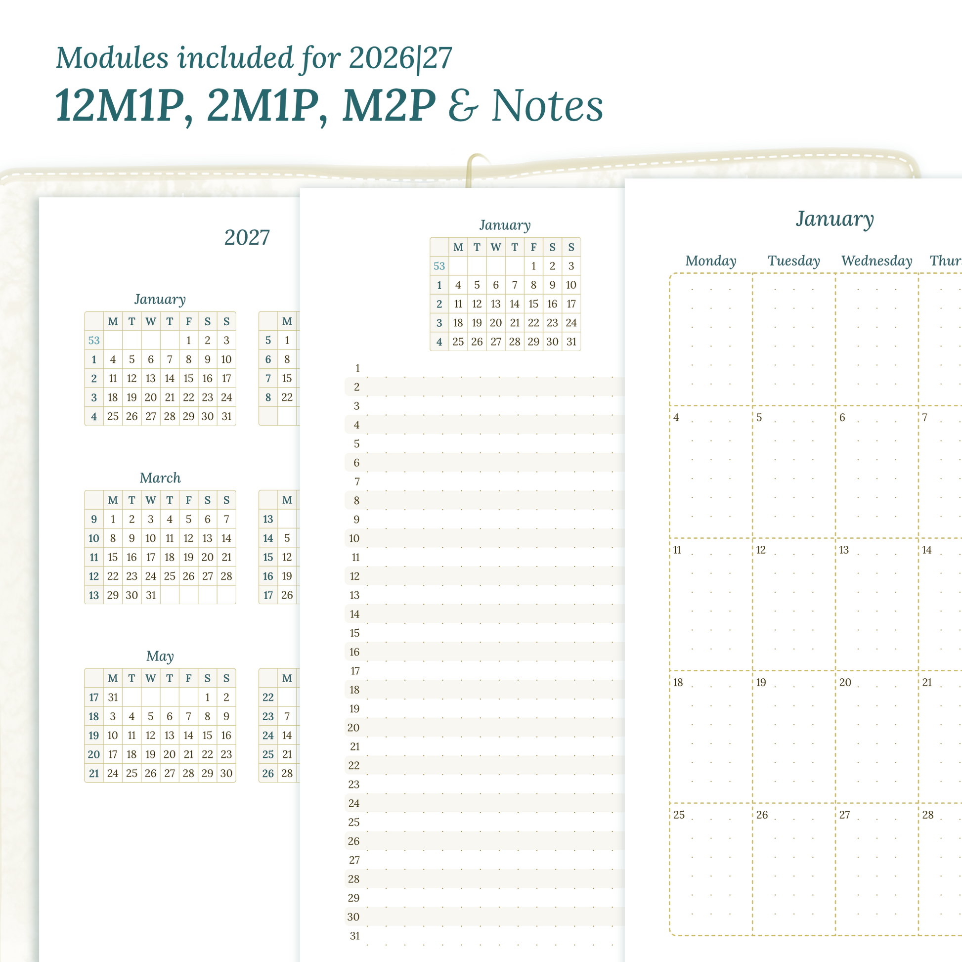 Calendar PDF printable inserts modules of this Bundle for the years 2026 and 2027 with various formats featuring 12M2P 12 month on 2 pages, M1P future log month on 1 page, M2P month on 2 pages and a Notes module