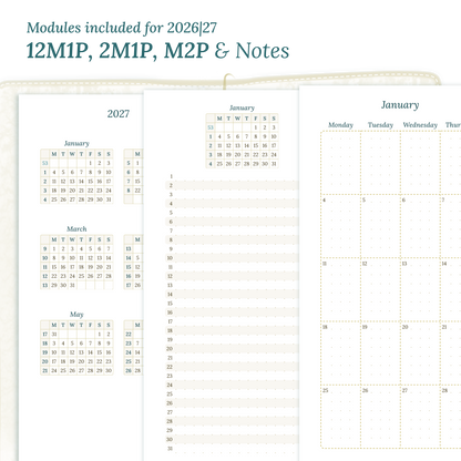 Calendar PDF printable inserts modules of this Bundle for the years 2026 and 2027 with various formats featuring 12M2P 12 month on 2 pages, M1P future log month on 1 page, M2P month on 2 pages and a Notes module