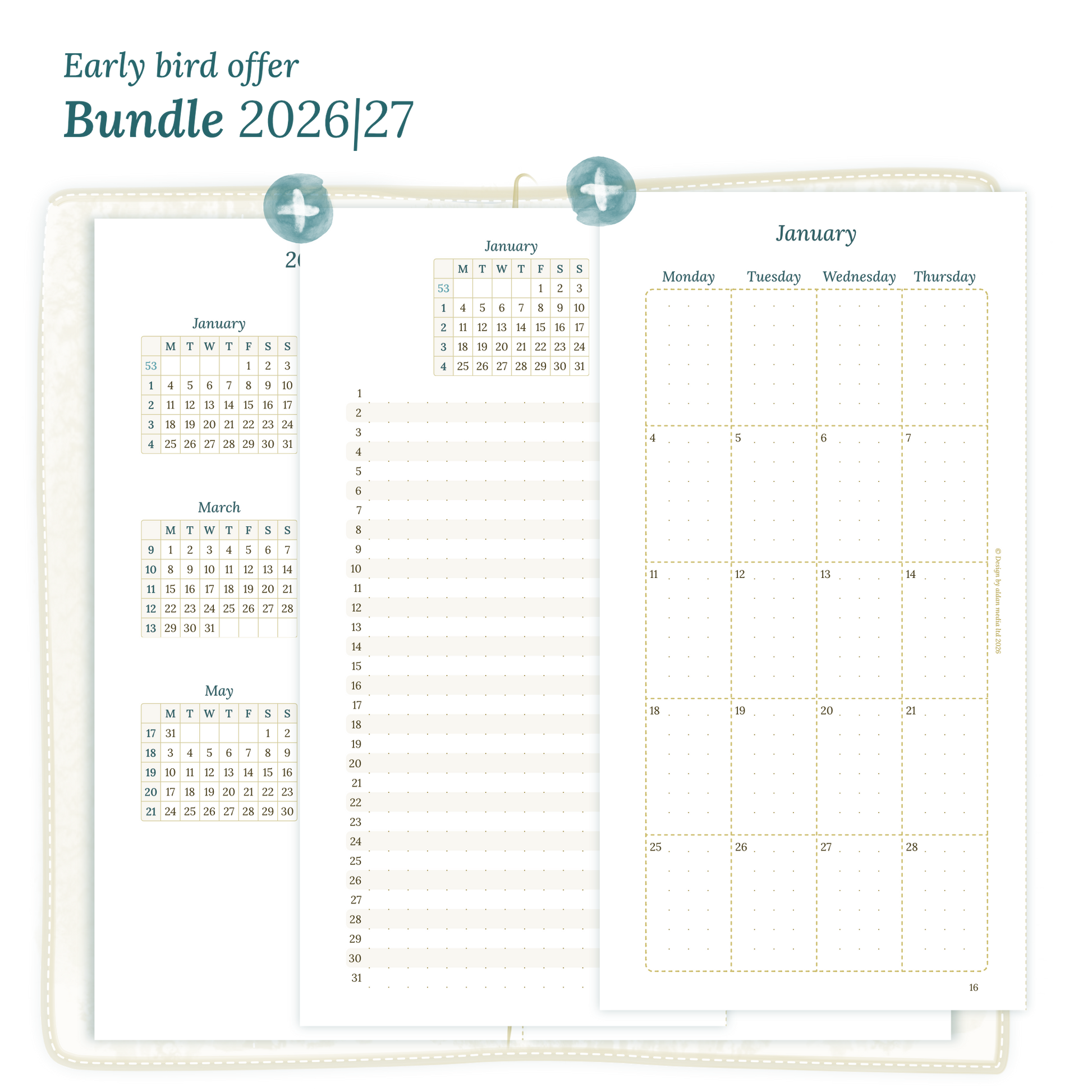 Printable PDF calendar planner Bundle for 2026 and 2027 for Standard size Traveler's Notebook planner featuring 12M2P 12 month on 2 pages, M1P future log month on 1 page, M2P month on 2 pages and a Notes module.